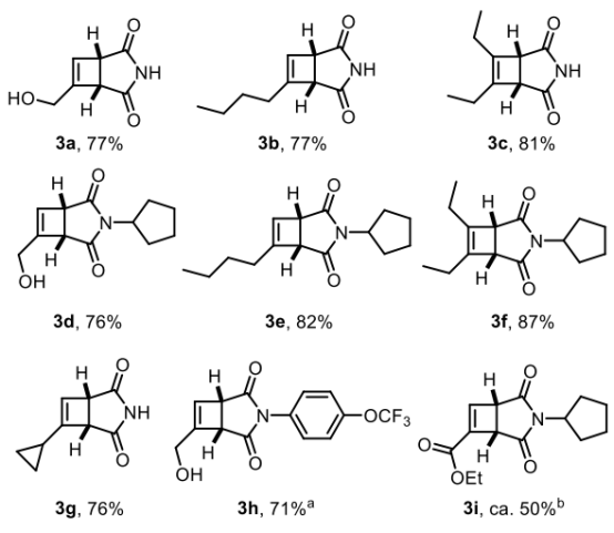 Figure 1 連續(xù)環(huán)丁烯合成的底物范圍；使用20mol%的噻噸酮； b 對二氧化硅不穩(wěn)定。